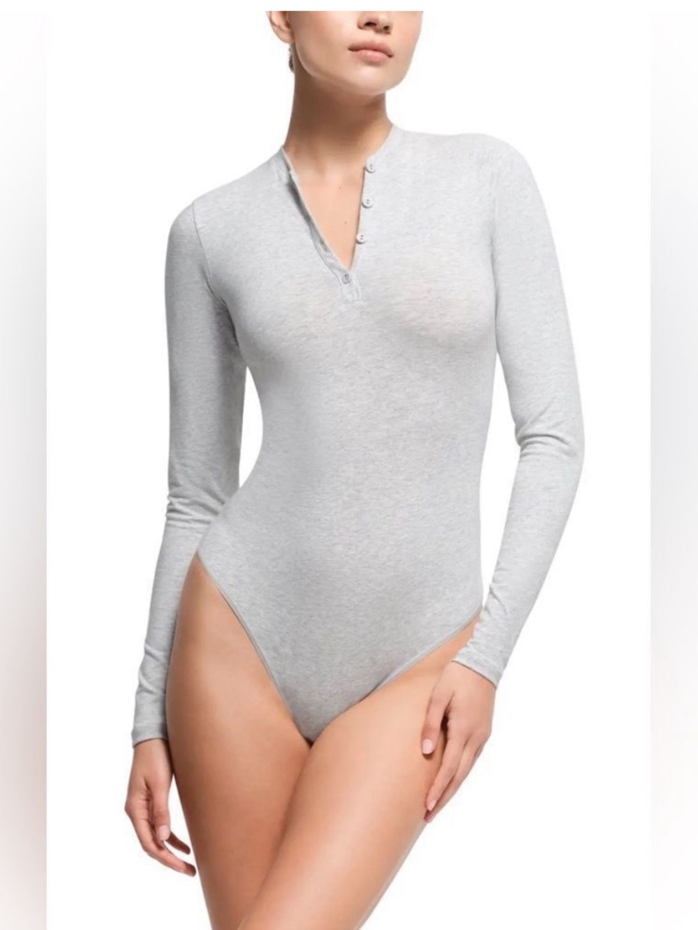 NWT SKIMS Cotton Jersey L/S Henley Bodysuit Women’s Size M In Light Heather Grey